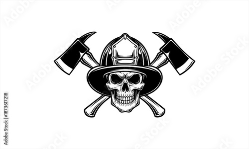 Skull in Firefighter Helmet with Crossed Axes.