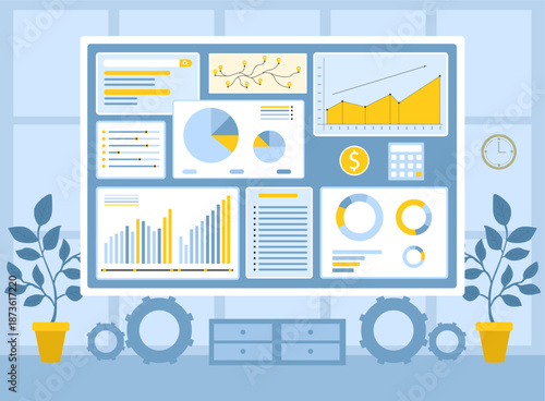 Visual representation of data on dashboard showing various charts and graphs against background with plants and furniture