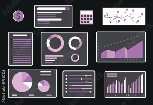 Several charts, graphs, and icons on dark background. Different data formats, including bar charts and pie charts for analysis purposes