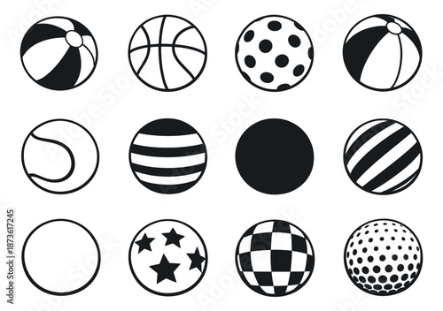 Stylized balls set featuring various sports and patterned spheres for design and recreation