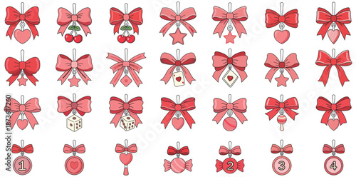Elegant Ribbon Collection: An exquisite collection of intricately designed ribbons and bows in varying shades of red, each adorned with charming embellishments.