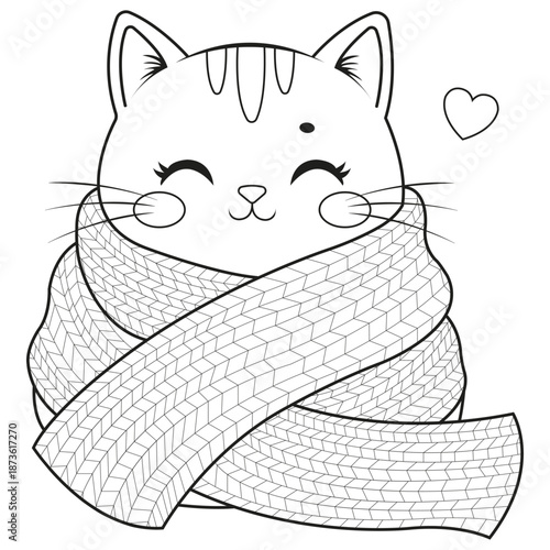 Cozy Cat: A cute cat is shown wrapped in a warm scarf, with a heart hovering gently in the background, a testament to the feline's heartwarming charm.