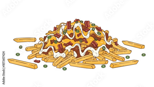 Vibrant hand-drawn illustration of savory loaded fries with chili, cheese, bacon, and green onions creating a delicious visual feast