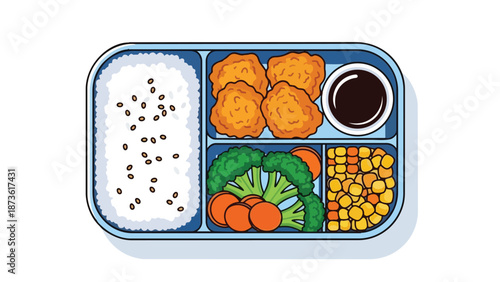 A vibrant cartoon illustration of a healthy bento box meal featuring rice, crispy nuggets, fresh vegetables and dipping sauce, ideal for balanced