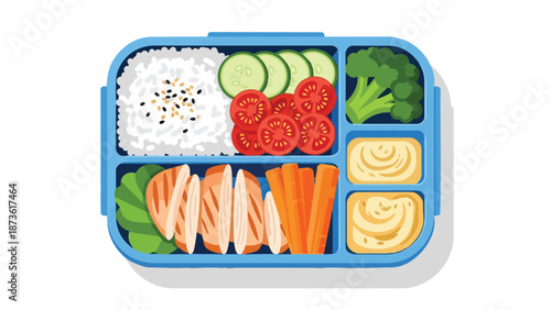 A vibrant nutritious bento box filled with crisp fresh vegetables lean grilled protein fluffy white rice and savory dipping sauce perfect for a
