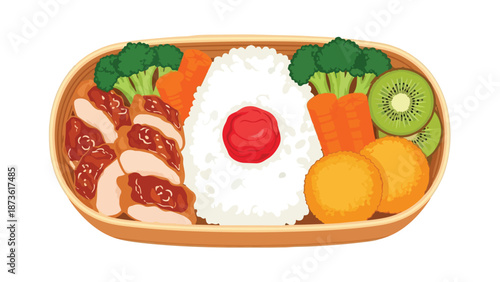Illustrative Japanese bento box with teriyaki chicken, white rice, umeboshi, broccoli, carrots, golden croquettes, kiwi slices. A balanced,