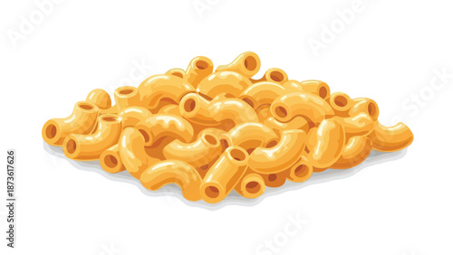 A vibrant stylized illustration of golden elbow macaroni pasta, a beloved comfort food, piled neatly and isolated on a crisp white background with a