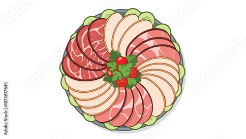 An appetizing gourmet platter featuring a delightful spiral arrangement of various thinly sliced meats alongside fresh cucumber garnishes and