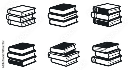 Line art and solid fill book icon set featuring stacks of books for education and reading
