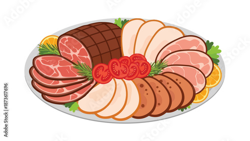 An elegant vector illustration of a gourmet cold cut platter featuring various sliced meats and fresh garnishes