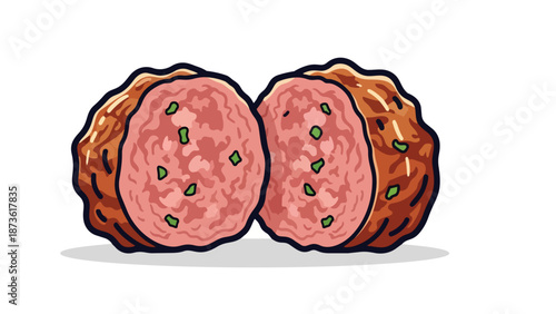 Deliciously prepared savory meatball illustration cut in half revealing flavorful interior with green herbs isolated on white