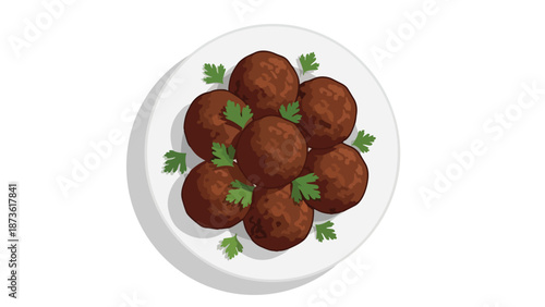 A tempting top-down presentation of numerous deliciously prepared brown meatballs, each adorned with fresh green parsley leaves, served on a crisp
