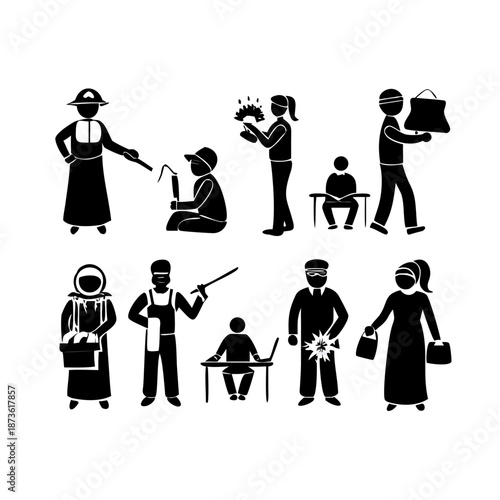 Collection of Silhouette Icons Representing Arab People in Various Daily Activities and Professions.
