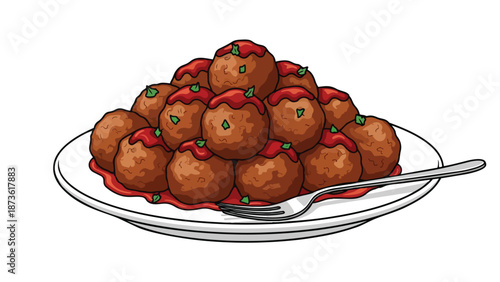 A delightful illustration of a generous serving of savory meatballs bathed in rich tomato sauce ready for a delicious meal, perfect for any cuisine
