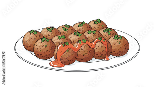 A graphic illustration of delicious meatballs on a white plate, generously covered with a rich red sauce and fresh green herbs, a perfect visual for