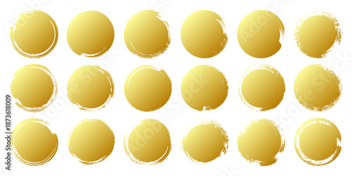 Golden grunge circles, brush strokes, lines, ink smudges, hand-drawn scribble shapes. Handmade sketchy marks, acrylic stains, charcoal streaks. Paint textures, dry brush effect. Vector illustration