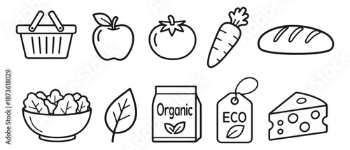 Hand drawn line art food and grocery set featuring a shopping basket, fresh produce, and organic market items for healthy eating and eco-friendly shopping