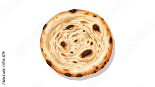 Deliciously illustrated round flatbread showcasing golden brown texture with dark baked spots perfect for culinary themes cultural recipes and food