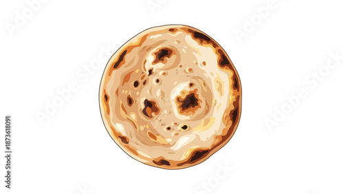 Authentic culinary illustration of freshly baked round flatbread with golden brown charring