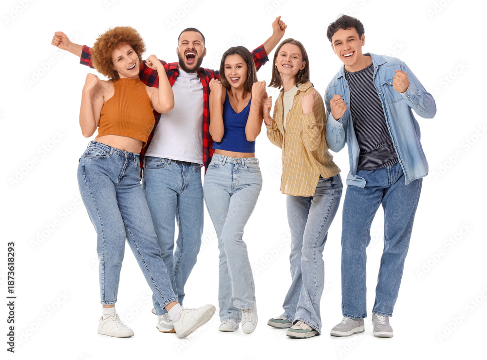 Obraz premium Group of happy young friends on white background