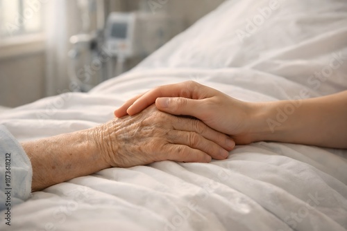 Close up of an elderly patient holding hands with a caregiver in a hospital bed, symbolizing comfort, compassion, support, end of life care, trust, and emotional connection in healthcare.