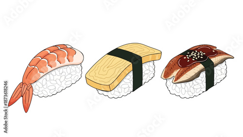 A delightful illustration showcasing various popular nigiri sushi selections including succulent shrimp, delicate omelet, and savory eel, presented