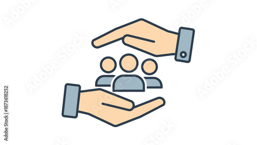 Two stylized hands gently cradle a group of three human figures, symbolizing community care, team protection, or human resources management.