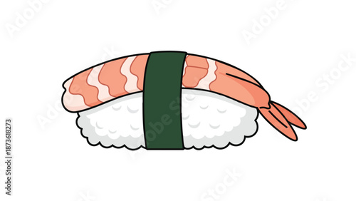 Stylized shrimp nigiri sushi illustration with a vibrant, fresh appearance on a pristine white background