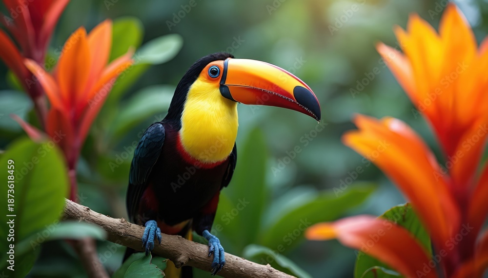 Fototapeta premium Keel billed toucan sits on tree branch. Colorful bird has bright yellow chest, large orange beak. Green leaves and orange flowers surround avian in rainforest habitat. Wildlife scene.