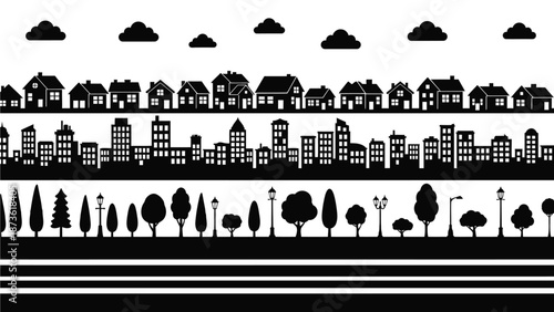 Layered black and white silhouette banners illustrate a cohesive urban and suburban environment featuring houses, city skylines, and street trees.