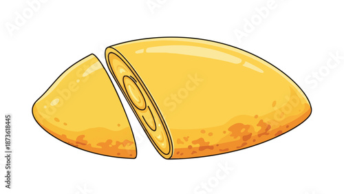 Vibrant illustration of a golden-brown rolled delicacy, perfectly sliced to reveal its intriguing layered interior. This graphic depicts a sweet,