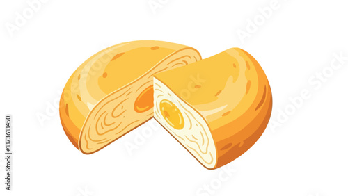 Traditional golden pastry sliced in half revealing a vibrant egg yolk core visually appealing culinary delight
