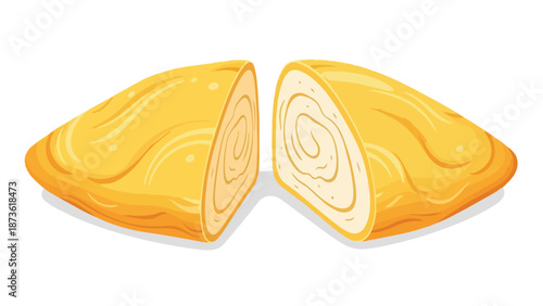 Symmetrical view of a golden yellow rolled pastry or omelette sliced in half with a visible spiral interior