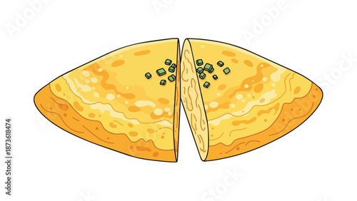 Golden pancake illustration divided in half, topped with green sprinkles, a cheerful food graphic for breakfast.