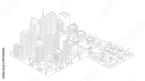 Isometric line drawing illustrates a transition from a dense modern cityscape with skyscrapers to a suburban neighborhood with smaller houses.