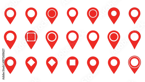 Collection of twenty-one red map pointer icons featuring diverse shapes like circles and squares for location marking and navigation concepts.