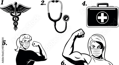 Medical symbols and strong woman healthcare vector showing caduceus, stethoscope, first aid kit, and masked muscular female figure