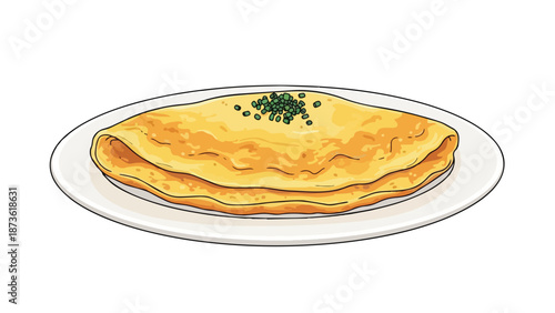 Delicious golden breakfast omelet with fresh chives on a clean plate illustration