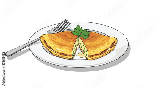 A delightful savory omelet illustration showcasing a beautifully folded egg dish perfectly cooked with a vibrant herbaceous filling and fresh