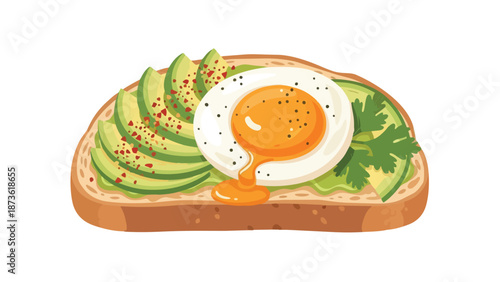 Nutritious avocado toast illustration featuring a perfectly cooked runny egg and vibrant seasonings