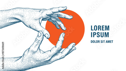 Engraved hands delicately hold an abstract orange sphere against a white background in a symbolic gesture of creation or presentation.