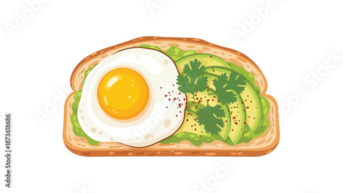 Wholesome avocado toast illustration featuring a perfectly fried egg and fresh herbs on golden-brown bread.