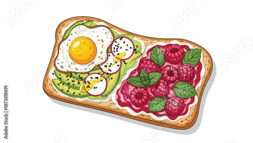 Vibrant gourmet breakfast toast illustration with sunny egg, sliced avocado, fresh raspberries, and mint on artisan bread, a modern, delicious,