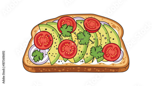 Fresh and vibrant avocado toast illustration with tomatoes, onion, and cilantro on toasted bread