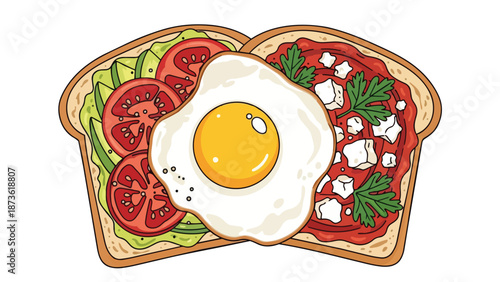 Artistic breakfast illustration of two vibrant gourmet toasts with egg, avocado, tomato, feta, and sauce. Ideal for healthy delicious morning meal