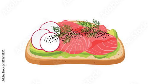 A delightful image showing an open-faced toast. Topped with fresh salmon, creamy avocado, crisp radishes, dill, and sesame. Great for healthy