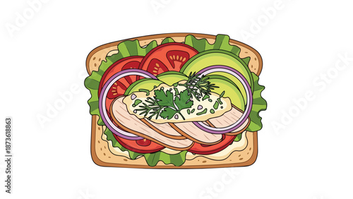 Deliciously layered turkey and avocado sandwich illustration, a fresh, vibrant, and healthy meal choice for any time