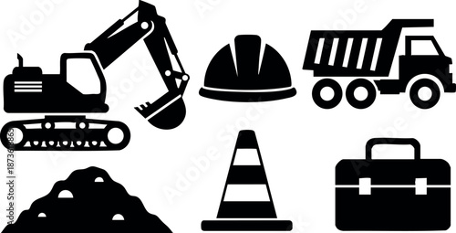 Construction equipment icons including excavator dump truck helmet traffic cone toolbox vector set