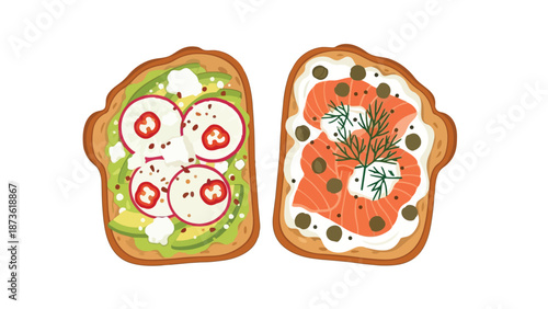 Artistic depiction of two gourmet toasts, one with avocado and radish, the other with salmon and dill