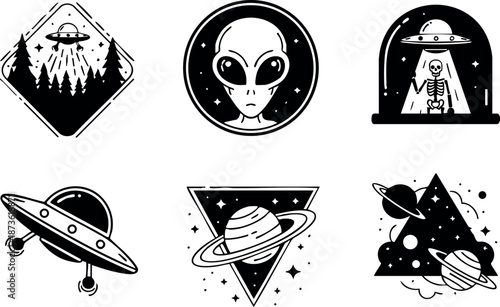 Alien and UFO vector icons featuring extraterrestrial faces, spaceships, planets, and cosmic themes in black and white illustration